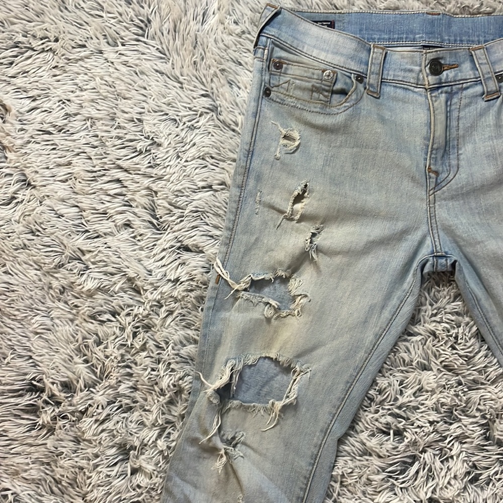 Gently worn Light Wash Distressed True Religion Finn Slim Tapered Jeans size 32 - Picture 4 of 12